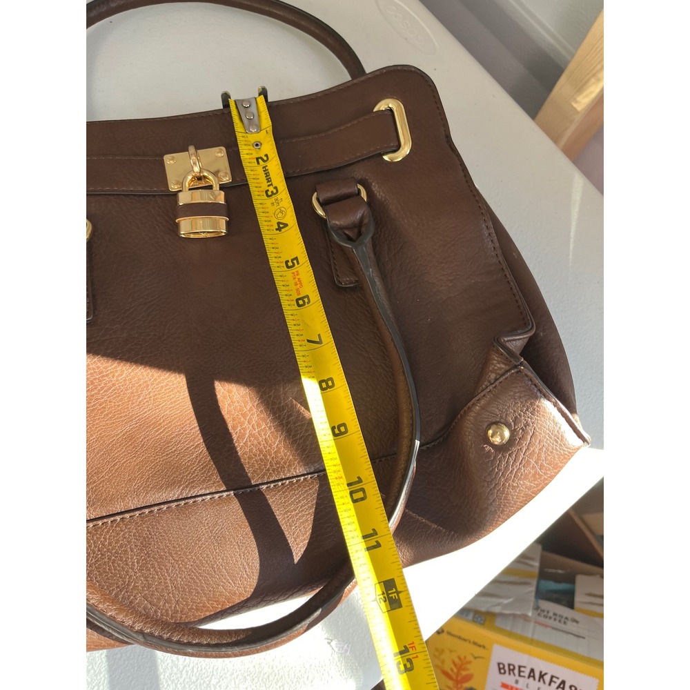 Charming Charlie Brown Faux Leather Satchel Bag Lock‎ Detail Shoulder Tote